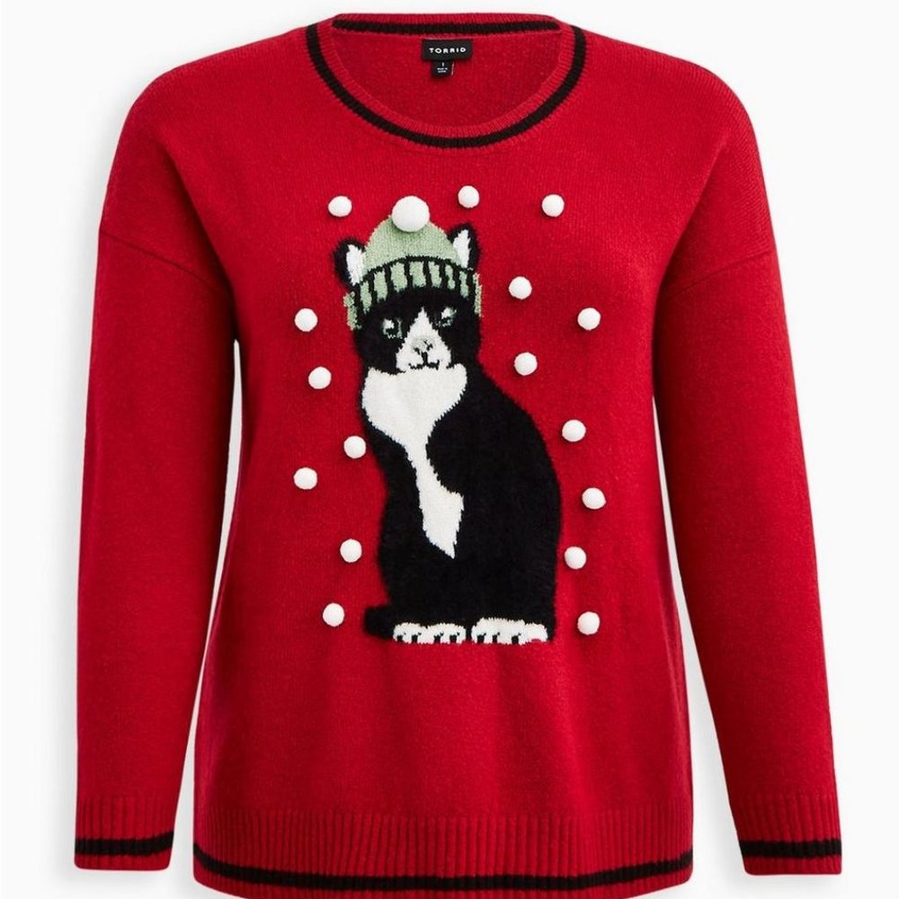 ❤️NWT TORRID SWEATER UGLY CHRISTMAS CAT SWEATER - HOLIDAY PULLOVER - MEDIUM 00 - Picture 7 of 9